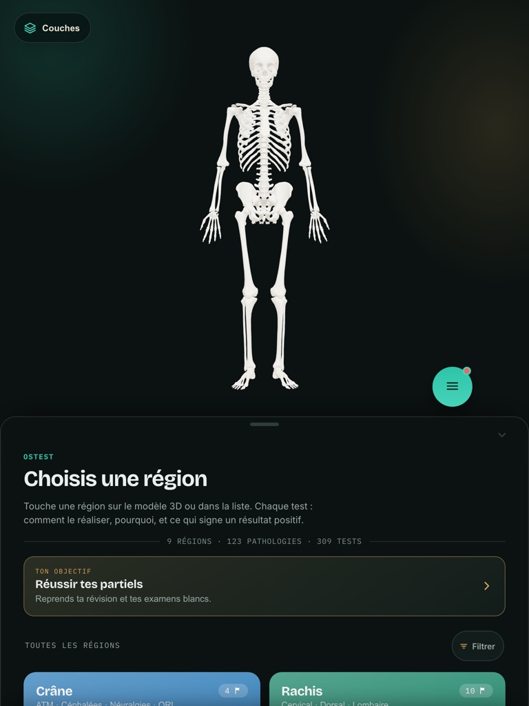 Ostest sur iPad : le modèle 3D au-dessus, la fiche de test en feuille glissante